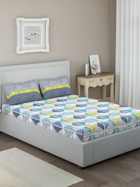 

DDecor Turquoise Blue & White Abstract 144 TC Cotton 1 Queen Bedsheet with 2 Pillow Covers