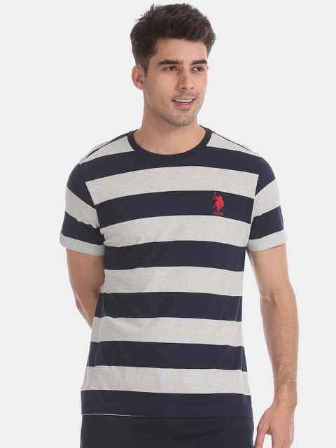 

U.S. Polo Assn. Men Navy Blue Striped Round Neck Pure Cotton T-shirt