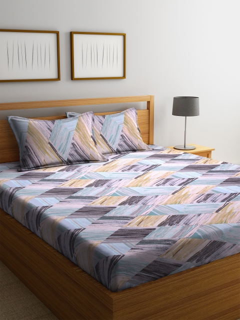 

BOMBAY DYEING Grey & Blue Abstract 144 TC Cotton 1 King Bedsheet with 2 Pillow Covers