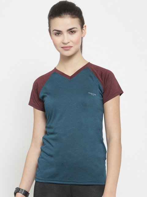 

Boston Club Women Teal Green & Brown Solid V-Neck Slim-Fit Dr-Fit T-shirt