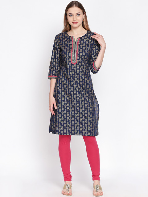 

RANGMANCH BY PANTALOONS Women Navy Blue & Gold-Toned Printed Straight Kurta