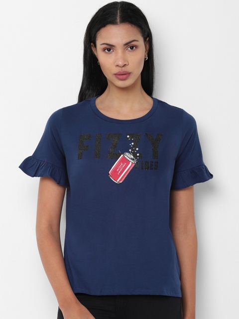 

People Women Navy Blue Printed Round Neck T-shirt