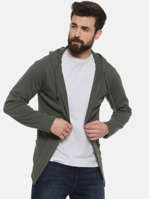 

Campus Sutra Men Green Solid Hooded Open Front Shrug