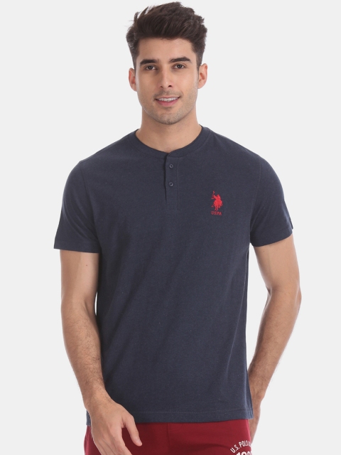 

U.S. Polo Assn. Men Navy Blue Solid Mandarin Collar Pure Cotton T-shirt
