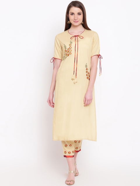 

Shakumbhari Women Cream-Coloured Embroidered Kurta with Trousers