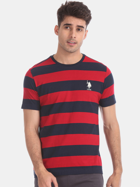 

U.S. Polo Assn. Men Red Navy Blue Striped Round Neck Pure Cotton T-shirt