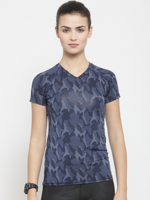 

Boston Club Women Blue Printed V-Neck Slim-Fit Dr-Fit T-shirt