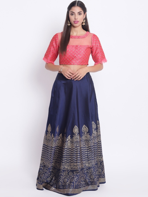 Shakumbhari Red & Navy Blue Block Printed Ready to Wear Lehenga with Blouse
