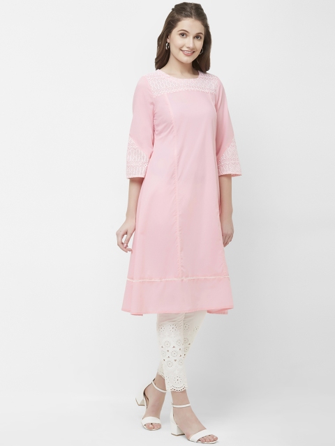 

NAARI Women Pink & White Schiffli Embroidered Cotton A-Line Kurta