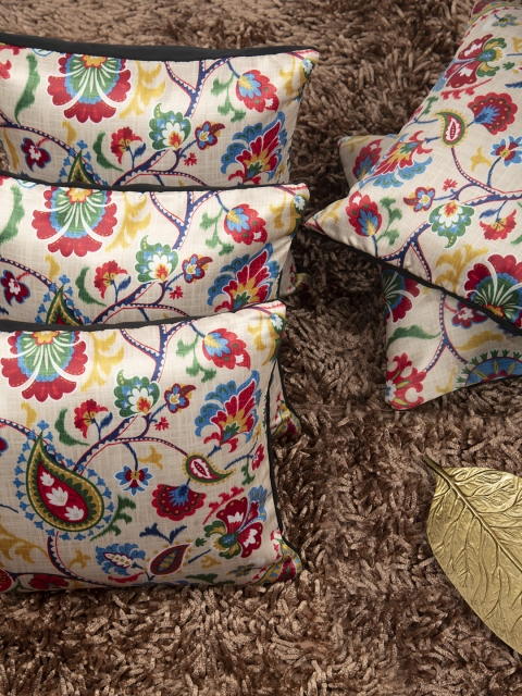 

HOUZZCODE Off-White & Blue Set of 5 Ethnic Motifs Square Cushion Covers