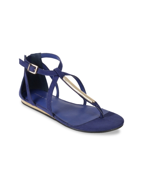 

LEMON & PEPPER Women Navy Blue Solid Synthetic Suede T-Strap Flats