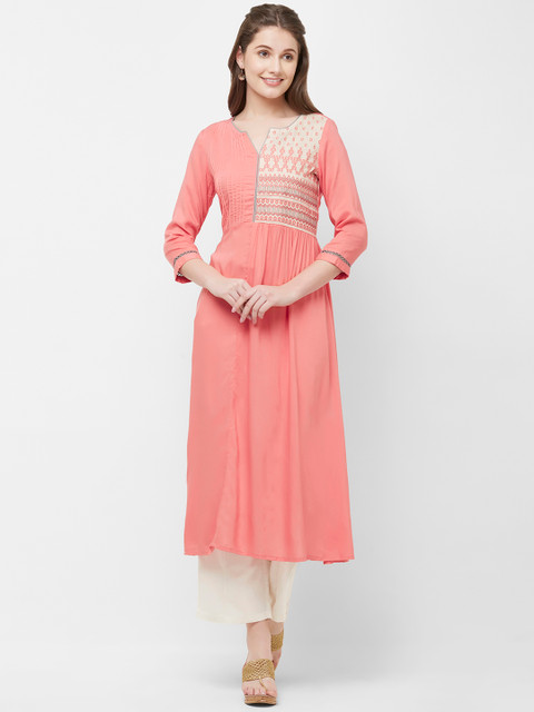 

NAARI Women Coral Pink & Beige Embroidered Calf-Length Anarkali Kurta