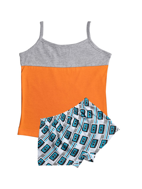 

You Got Plan B Girls Orange & Grey Melange Colourblocked & Printed Camisole Top & Briefs