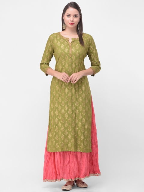

aayusika Women Olive Green & Pink Printed Kurta with Skirt
