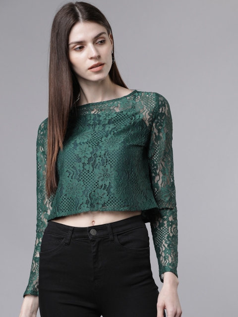 

Tokyo Talkies Women Green Lace Detailed A-Line Crop Top