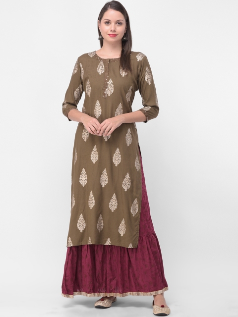 

aayusika Women Olive Green & Maroon Printed Kurta with Skirt