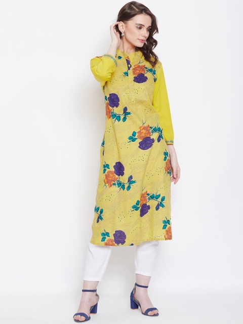 

AASK Women Yellow & Orange Floral Printed Knee-Length Pure Cotton Kurta