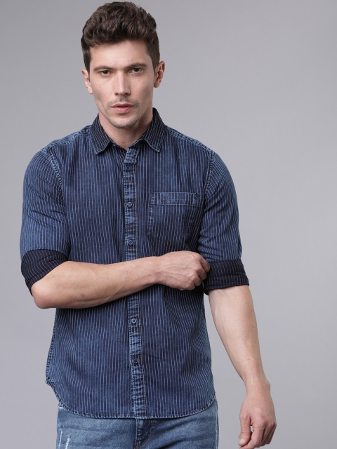 

HIGHLANDER Men Navy Blue Slim Fit Striped Casual Shirt