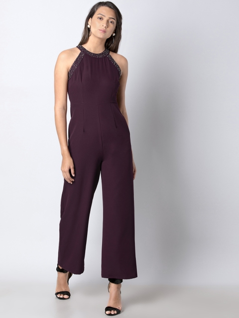 

FabAlley Women Maroon Solid Basic Jumpsuit with Embellished Detail