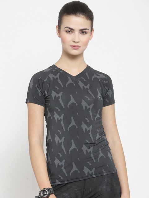

Boston Club Women Black & Grey Printed V-Neck Slim-Fit Dr-Fit T-shirt