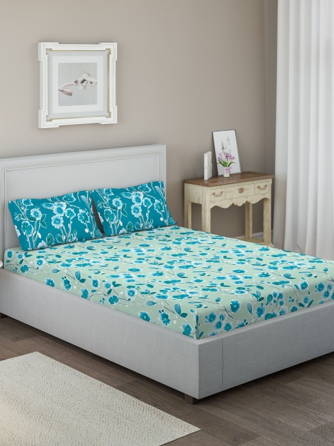 

DDecor Turquoise Blue Floral 144 TC Cotton 1 Queen Bedsheet with 2 Pillow Covers