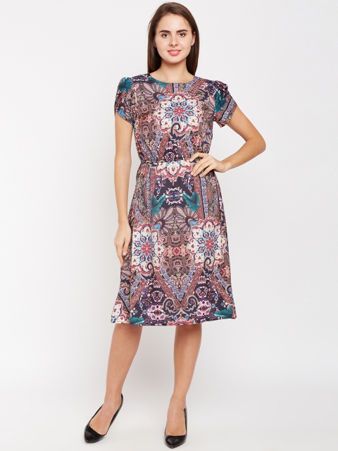 

Oxolloxo Women Multicoloured Printed Fit and Flare Dress, Multi