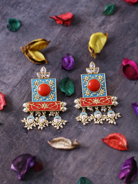 

Studio Voylla Gold-Plated & Red Enamelled Geometric Drop Earrings
