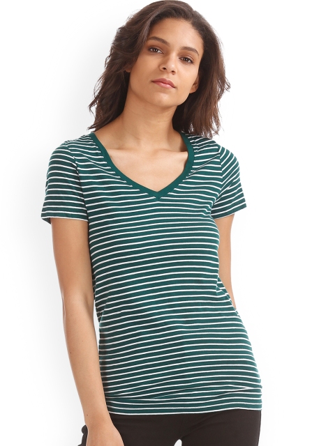 

GAP Women Green & White Striped V-Neck Short Sleeve T-shirt
