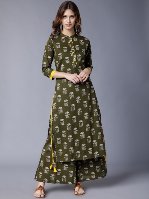 

Vishudh Women Cream-Coloured & Olive Green Printed Kurta with Palazzos