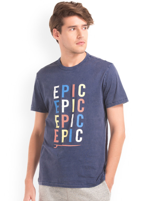 

GAP Men Blue Printed Round Neck Short Sleeve T-shirt