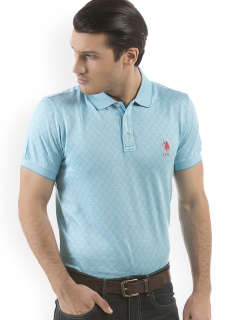 

U.S. Polo Assn. Men Blue Printed Polo Collar Pure Cotton T-shirt