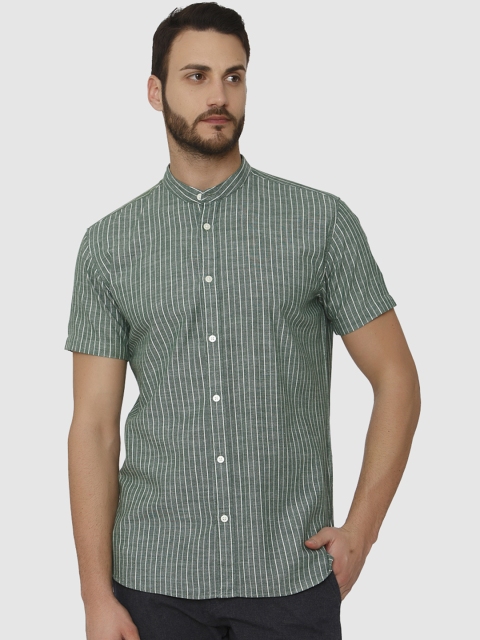 

SELECTED Men Green & White Slim Fit Striped Casual Shirt