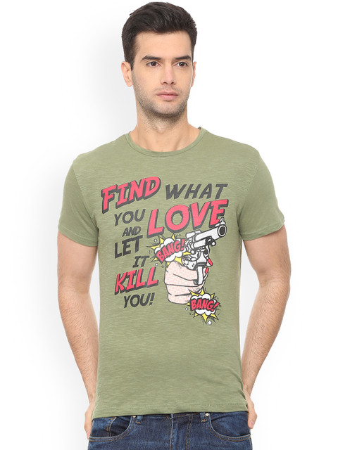 

People Men Olive Green Printed Round Neck T-shirt