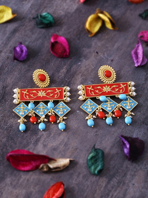 

Studio Voylla Gold-Plated & Red Enamelled Geometric Drop Earrings