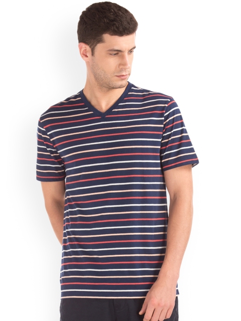 

GAP Men Navy Blue Striped V-Neck T-shirt