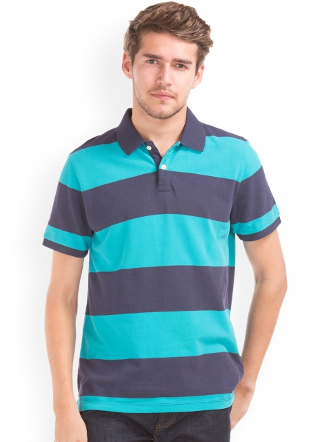 

GAP Men Blue Striped Polo Collar Short Sleeve T-shirt