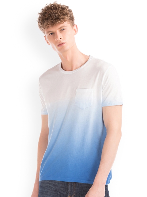 GAP Men White & Blue Dyed Round Neck T-shirt