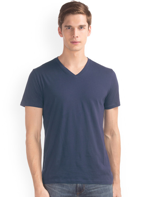 

GAP Men Navy Blue Solid V-Neck T-shirt