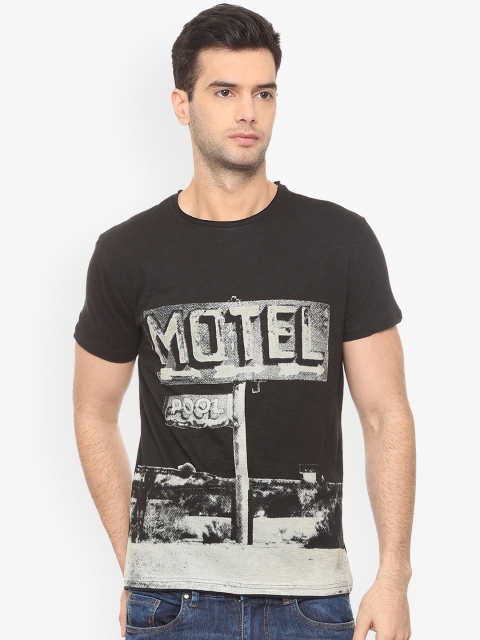 

People Men Black Printed Round Neck Pure Cotton T-shirt