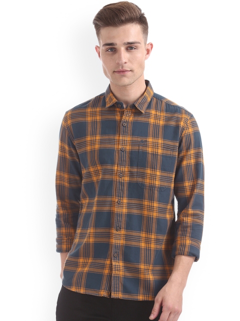Ed Hardy Men Yellow & Blue Slim Fit Checked Casual Shirt
