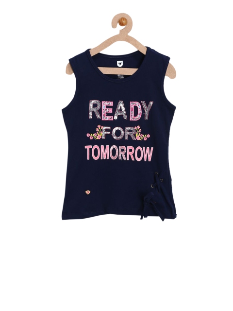 

612 league Girls Navy Blue Printed Pure Cotton Top