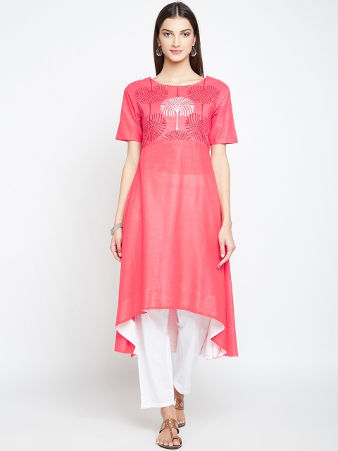 

studio rasa Women Coral & White Printed Kurti with Trousers