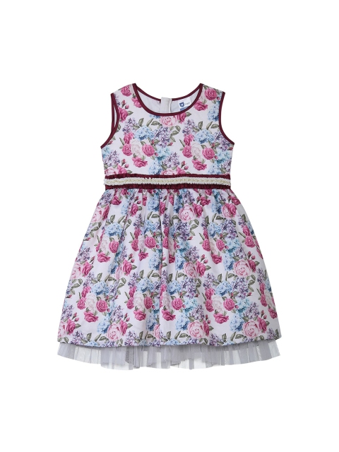 

612 league Girls White Printed Fit and Flare Dress