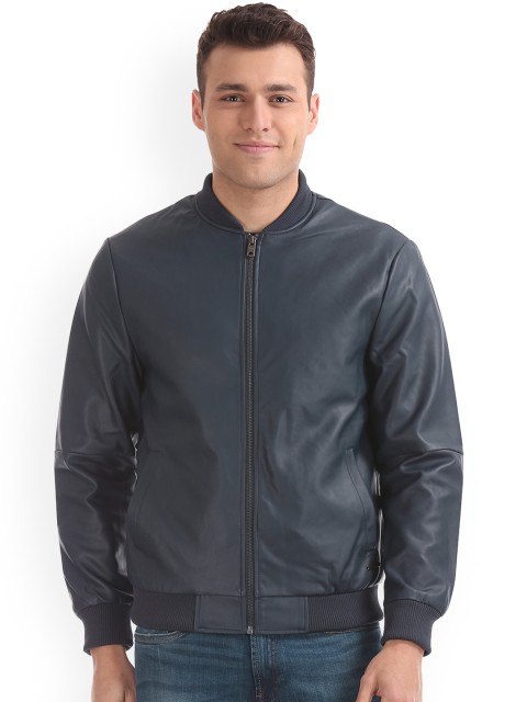 

Aeropostale Men Blue Solid Leather Jacket