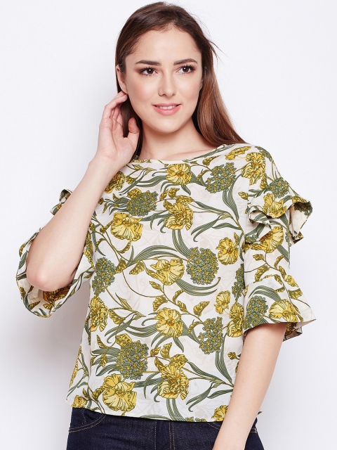 

Oxolloxo Women Off-White & Green Printed Bell Sleeves Top