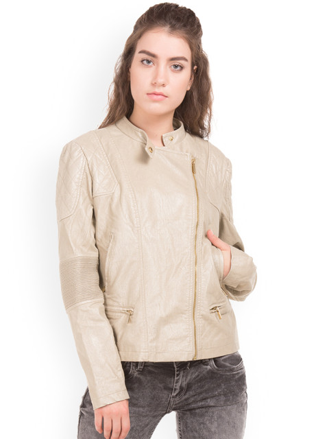

Ed Hardy Women Beige Solid Biker Jacket