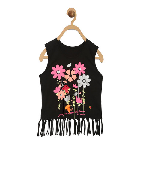 

612 league Girls Black Printed Pure Cotton Top