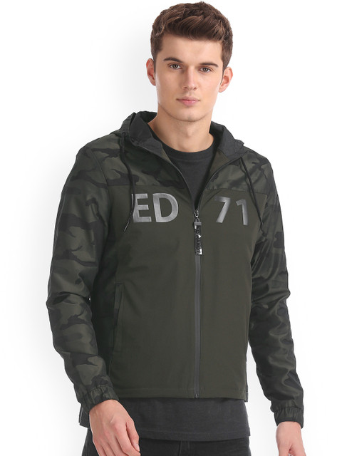 

Ed Hardy Men Olive Green Printed Padded Hooded Jacket