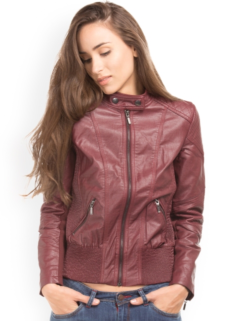 

Ed Hardy Women Maroon Solid Biker Jacket