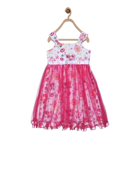 

612 league Girls White Printed Fit and Flare Dress